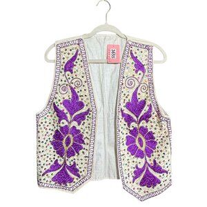 Embroidered Sequins Open Front Jacket Vest Unisex Cream Purple Sleeveless